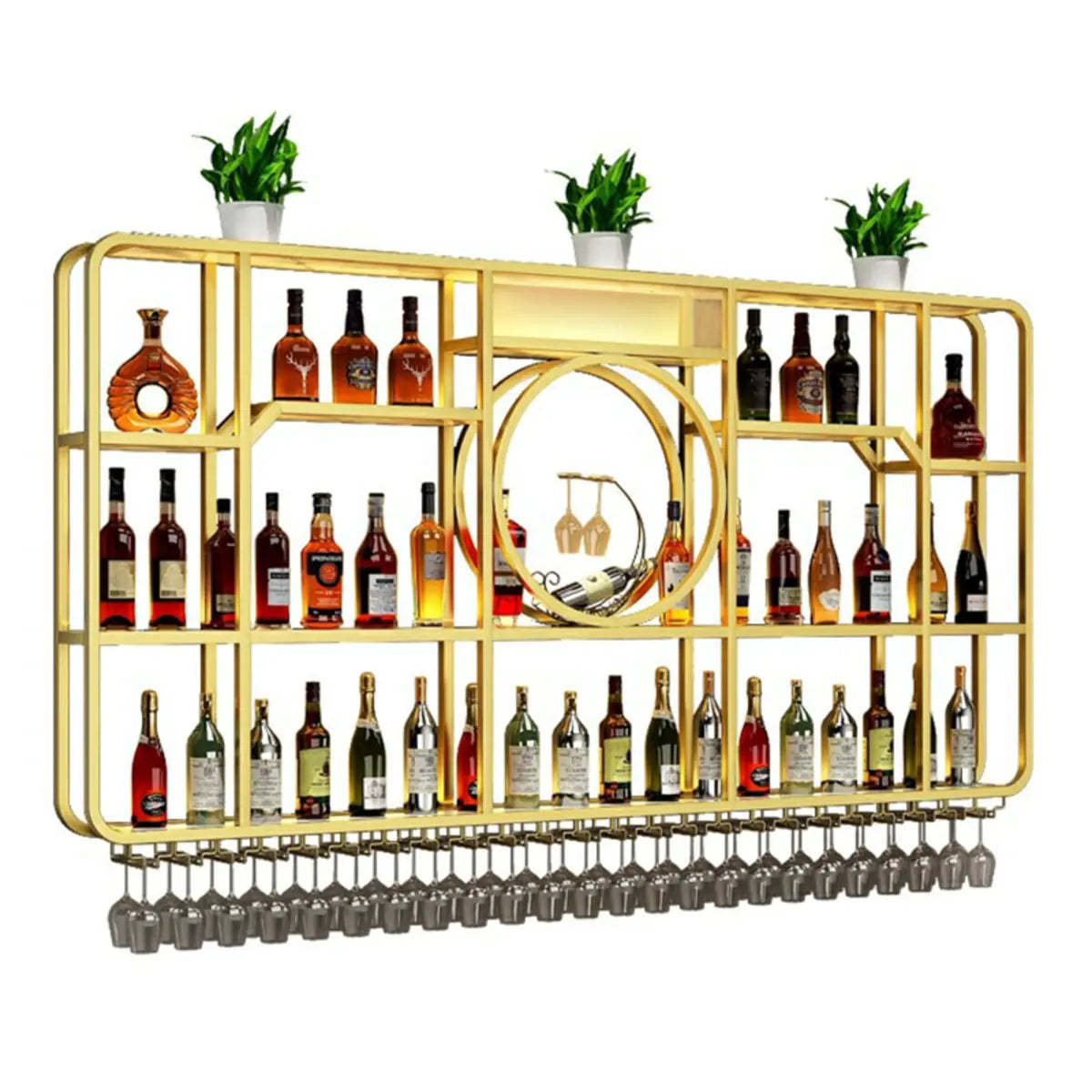 Black Rectangular Metal Floating Wine Rack with Glass Holder — Black