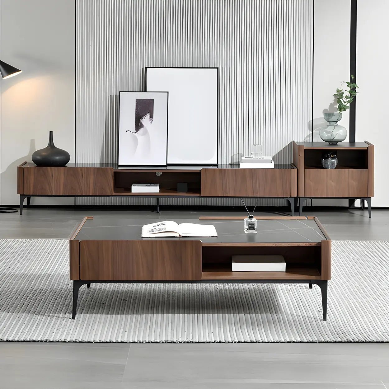 Black Stone Rectangular Four-Leg Coffee Table — Black