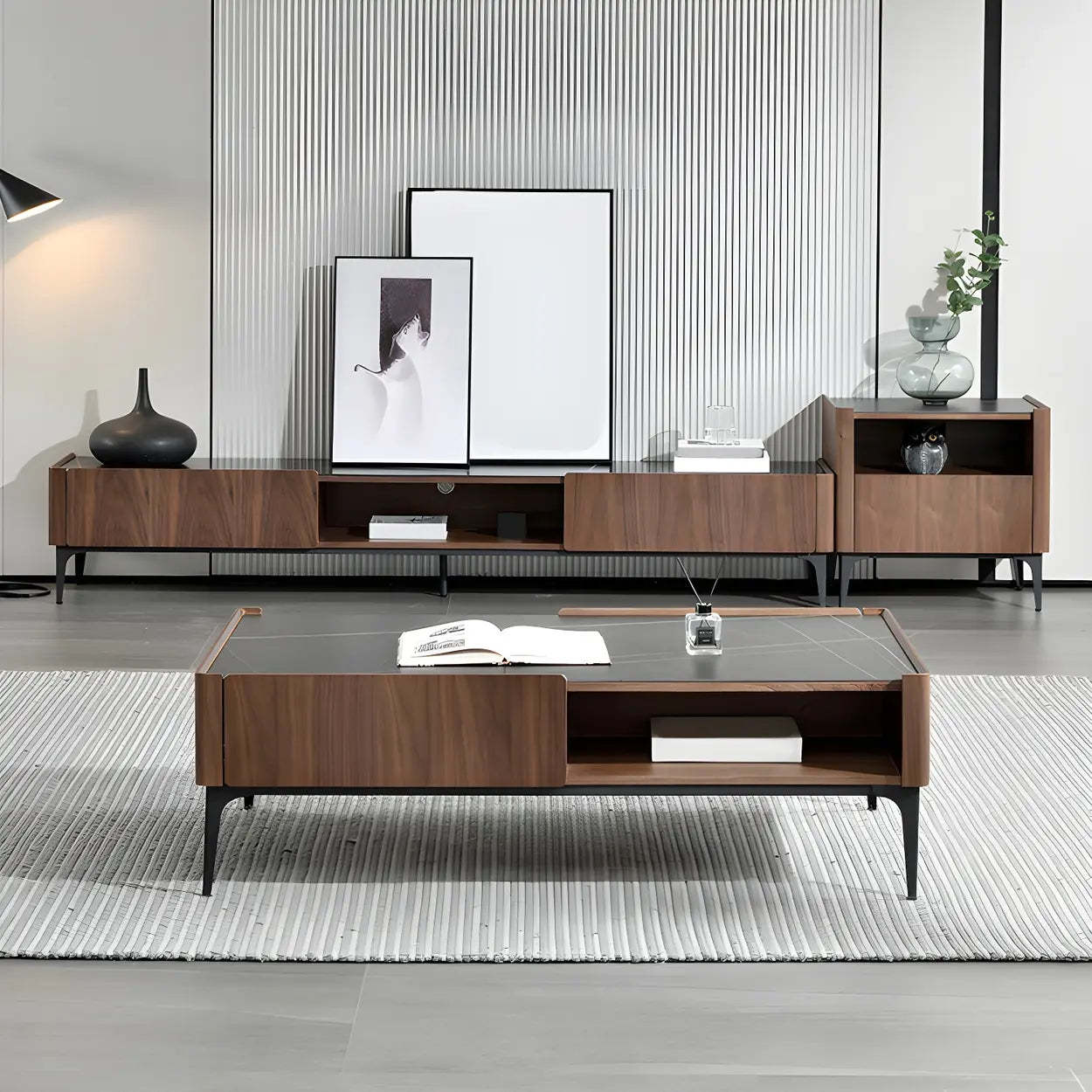 Black Stone Rectangular Four-Leg Coffee Table — Black