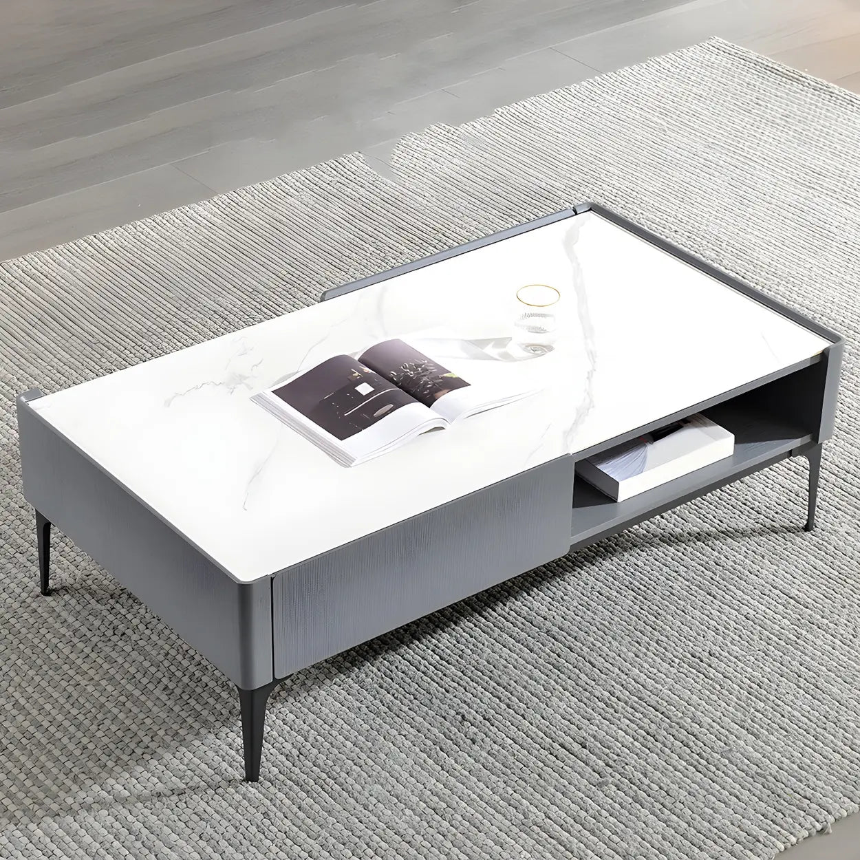 Black Stone Rectangular Four-Leg Coffee Table — Gray & White