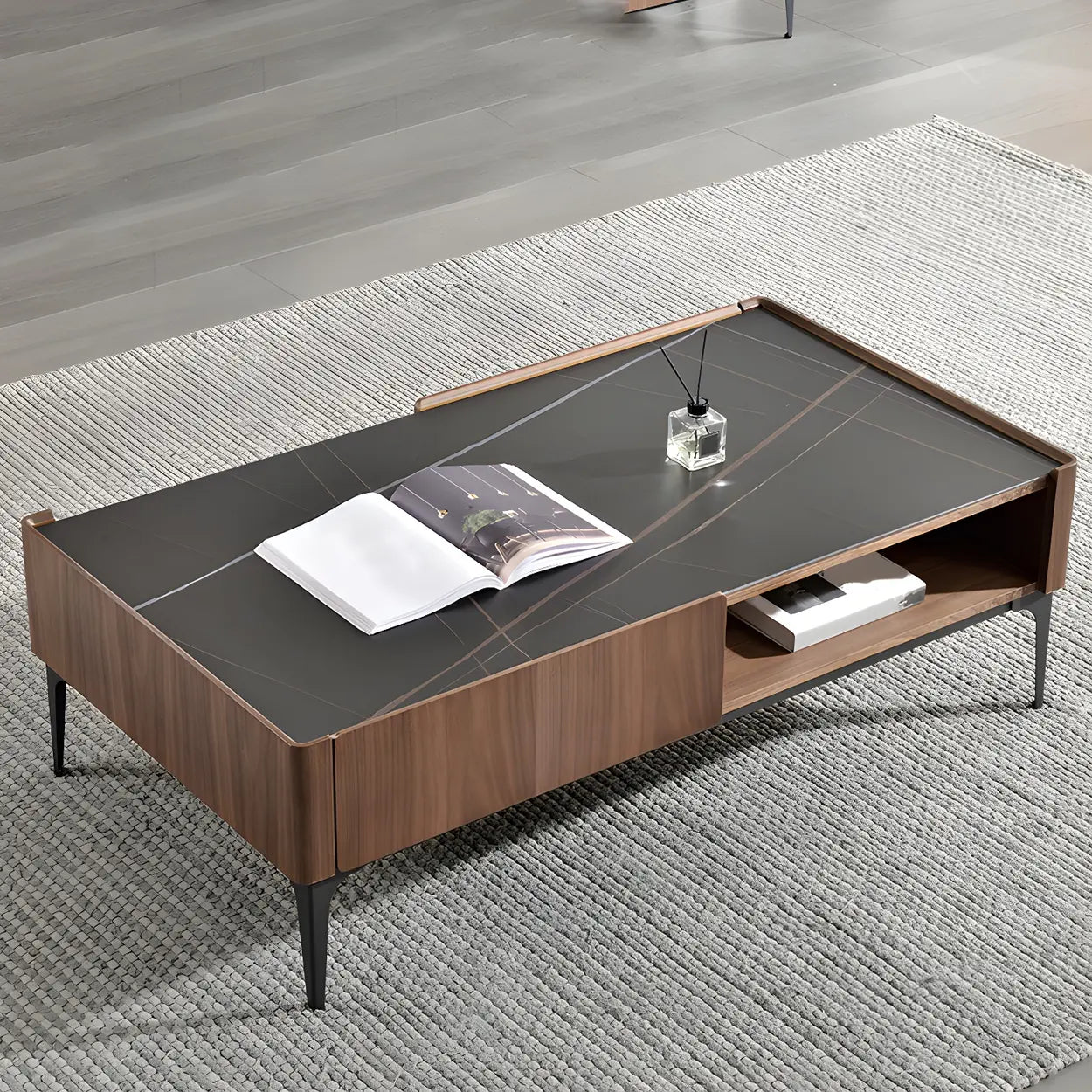 Black Stone Rectangular Four-Leg Coffee Table — Black-White