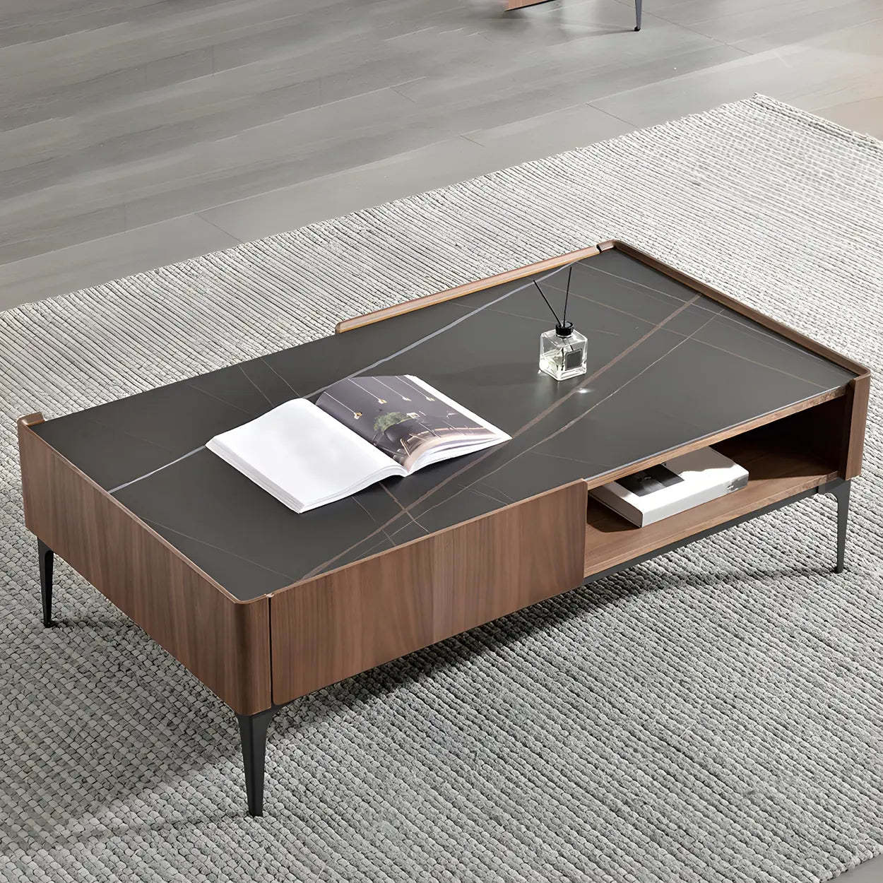 Black Stone Rectangular Four-Leg Coffee Table — Black-White
