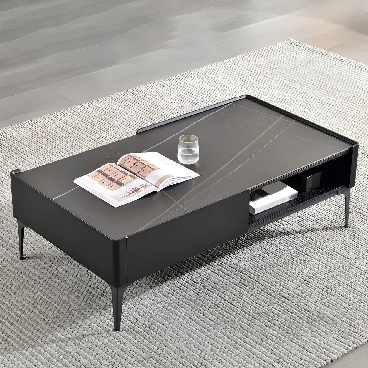 Black Stone Rectangular Four-Leg Coffee Table — White-Brown