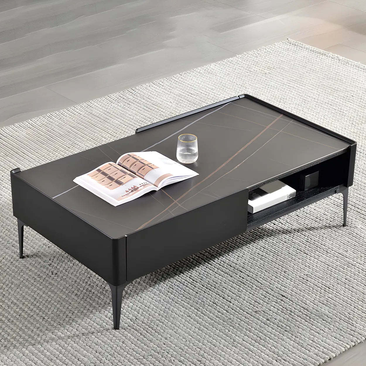 Black Stone Rectangular Four-Leg Coffee Table — White-Brown