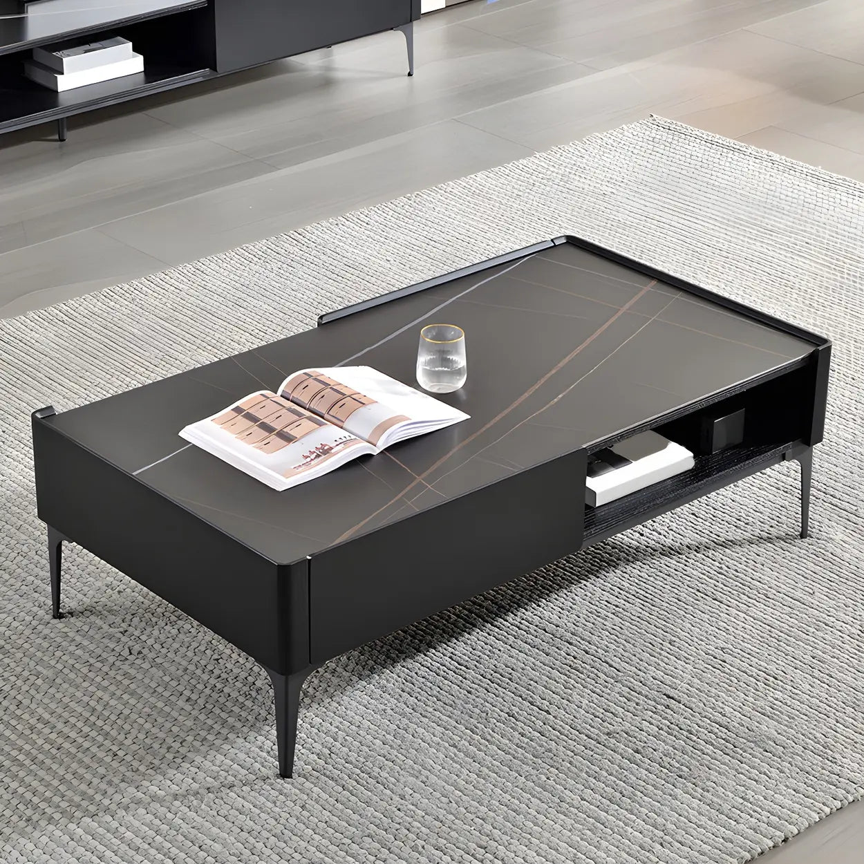 Black Stone Rectangular Four-Leg Coffee Table — Brown/ Black
