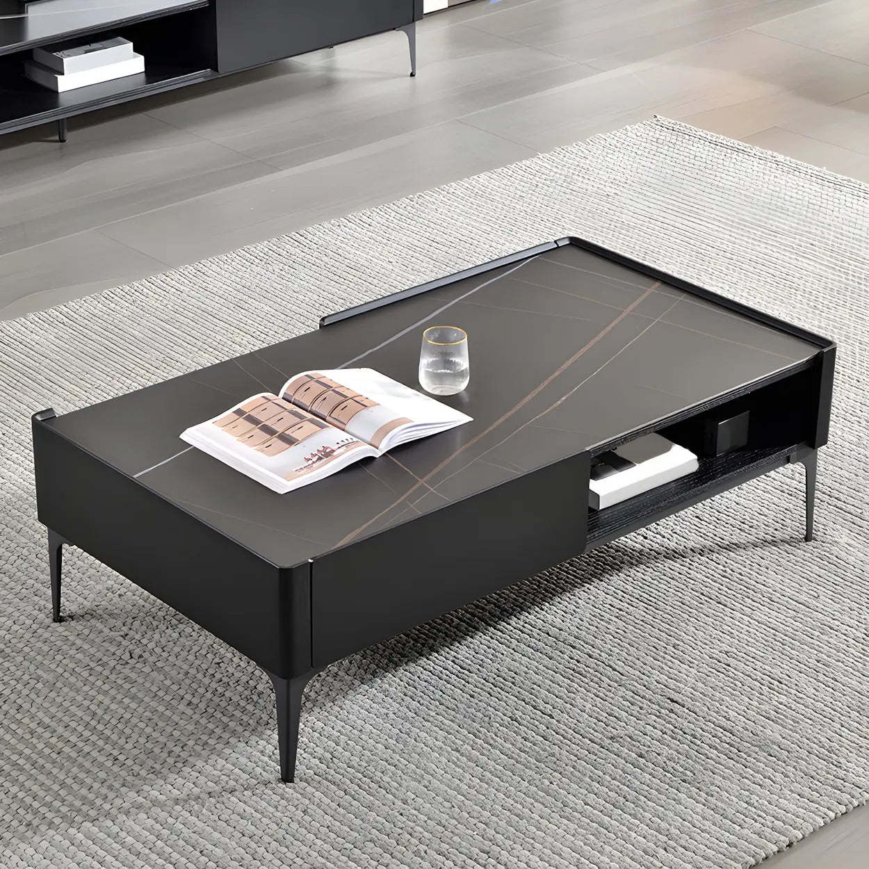 Black Stone Rectangular Four-Leg Coffee Table — Brown/ Black