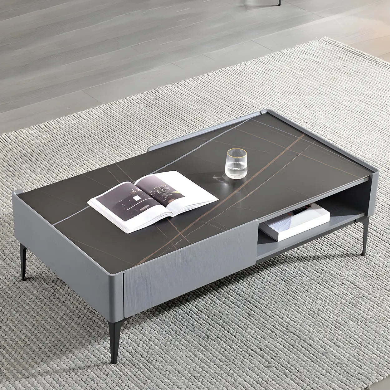 Black Stone Rectangular Four-Leg Coffee Table — Gray & White