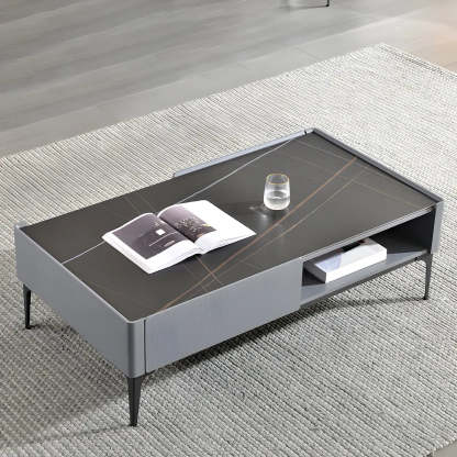 Black Stone Rectangular Four-Leg Coffee Table — Gray & White