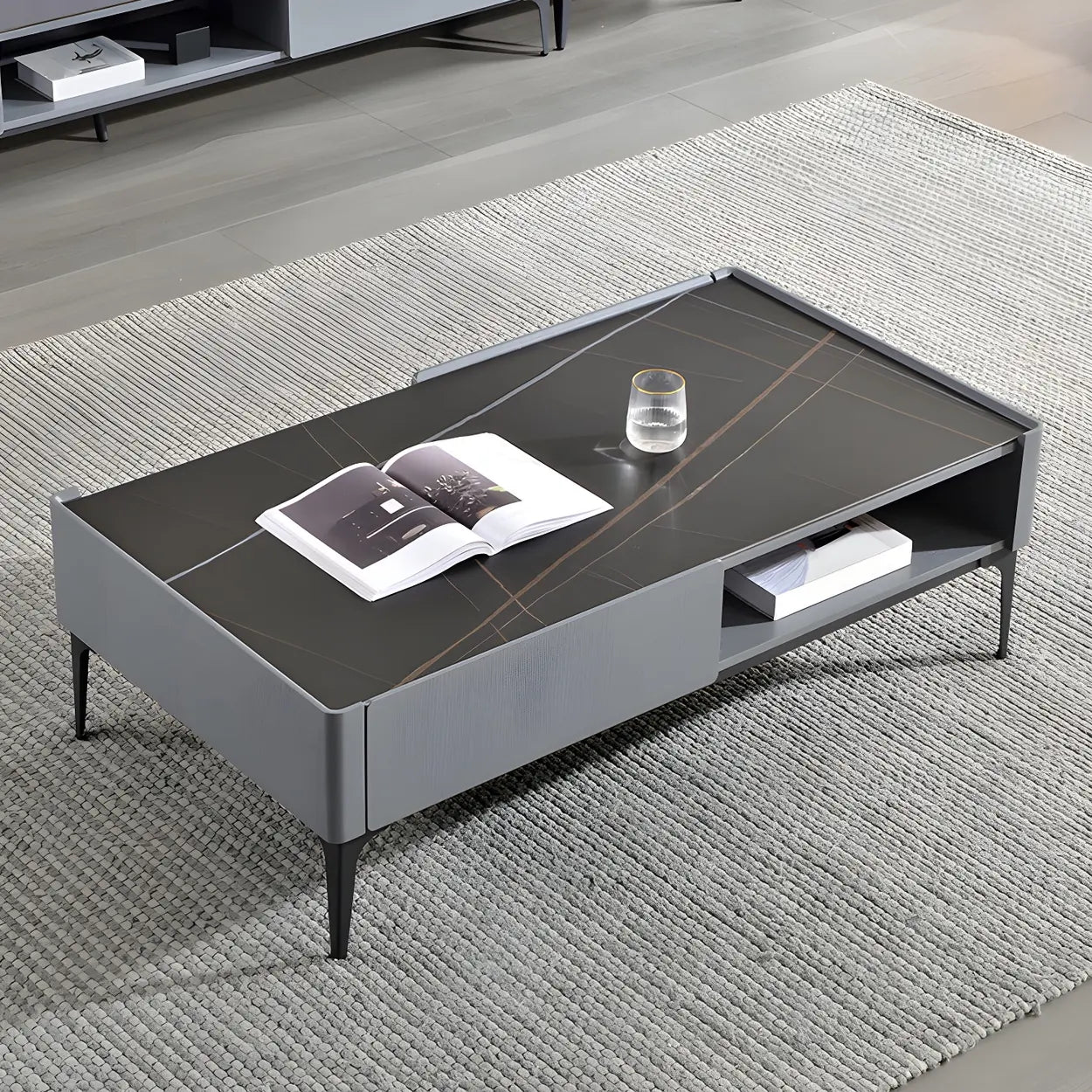 Black Stone Rectangular Four-Leg Coffee Table — Gray/ Black