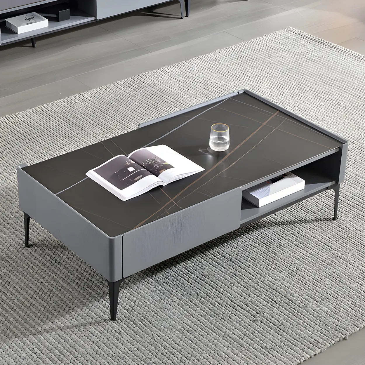 Black Stone Rectangular Four-Leg Coffee Table — Gray/ Black