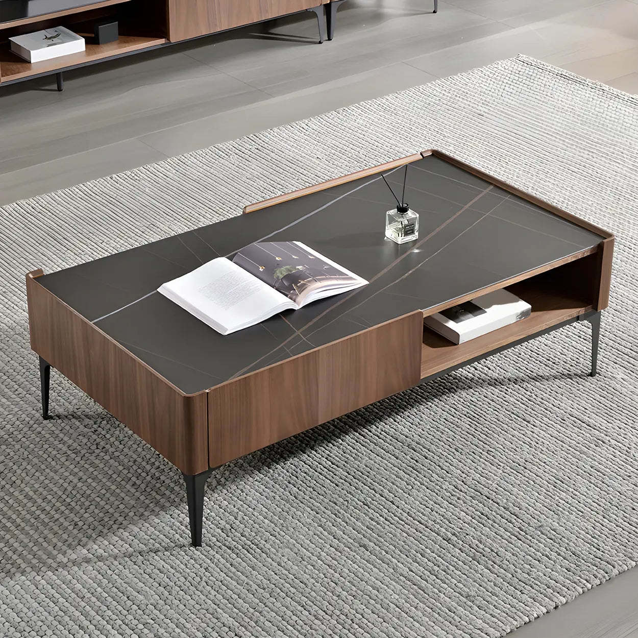 Black Stone Rectangular Four-Leg Coffee Table — Black-White