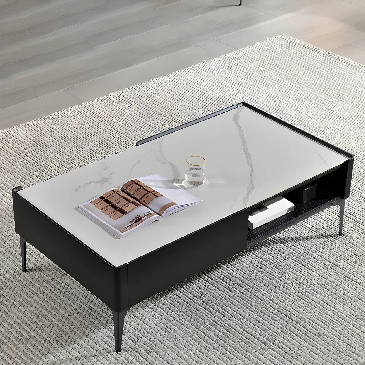 Black Stone Rectangular Four-Leg Coffee Table — White-Brown