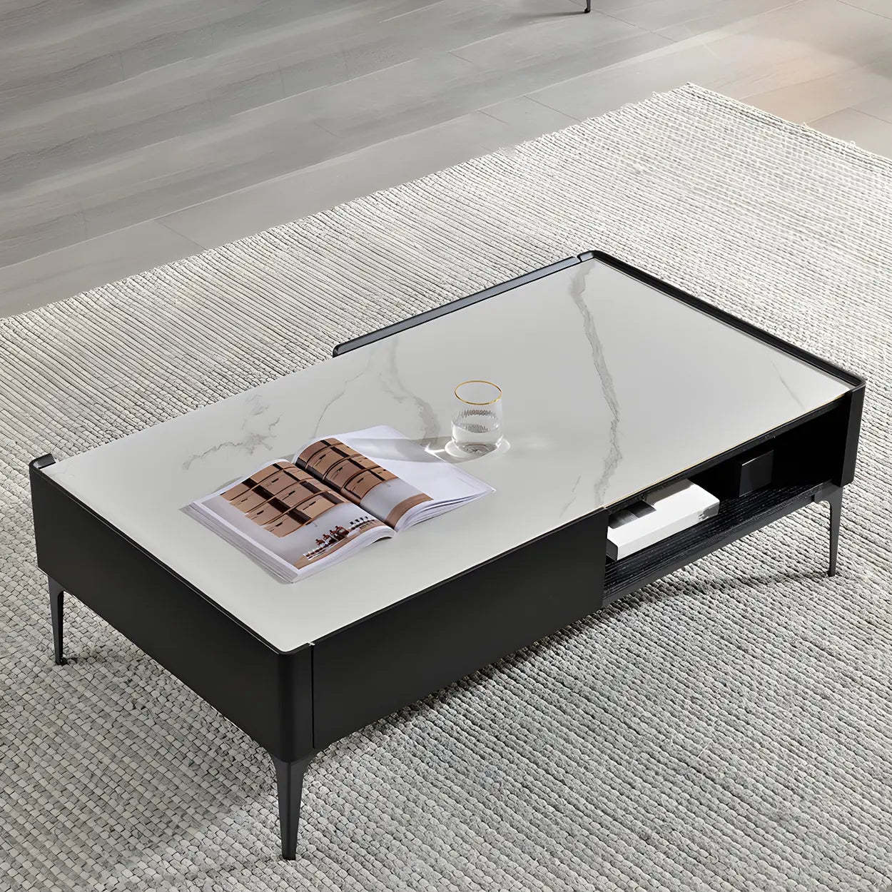 Black Stone Rectangular Four-Leg Coffee Table — White-Brown