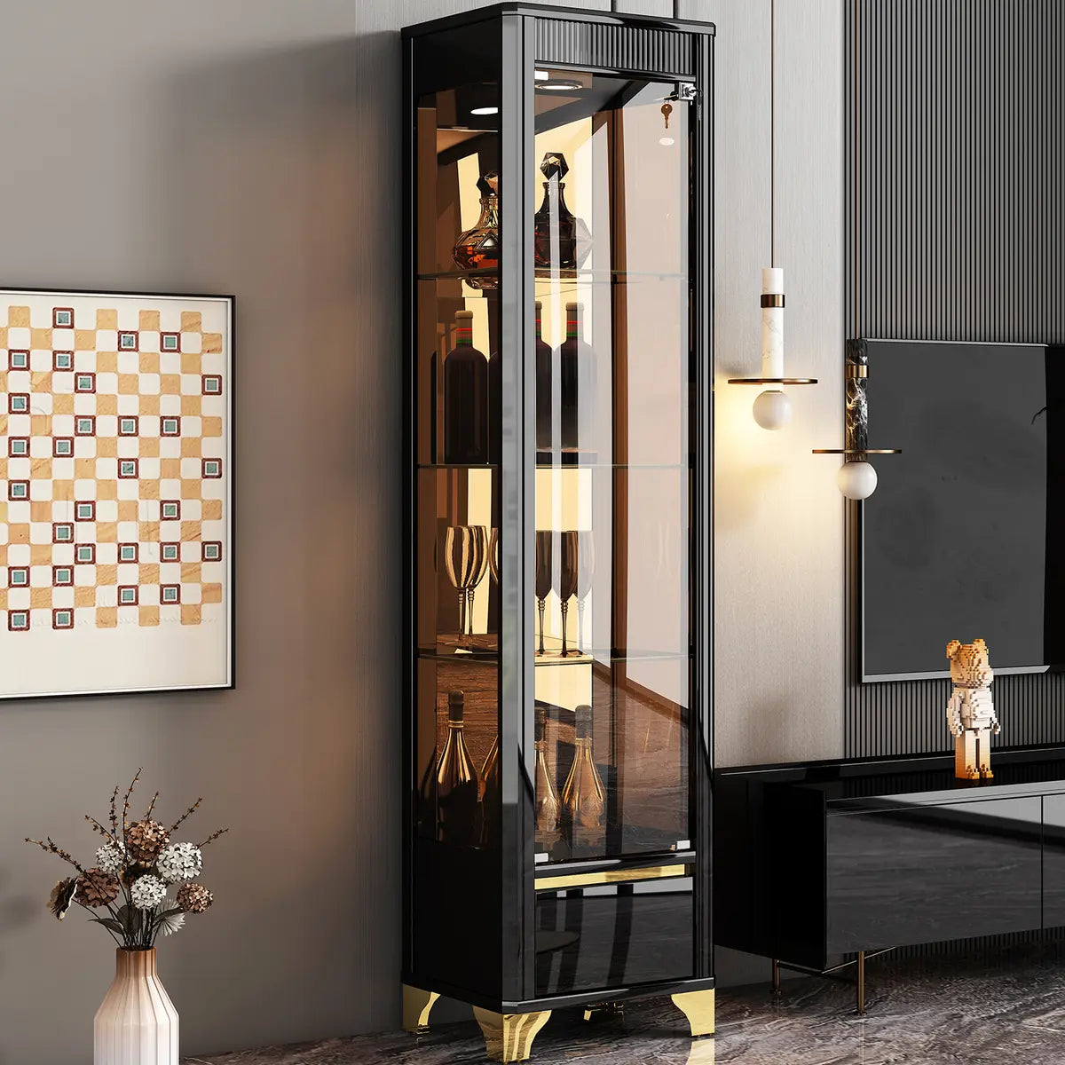 Black Rectangular Tall Glass Wine Display Cabinet