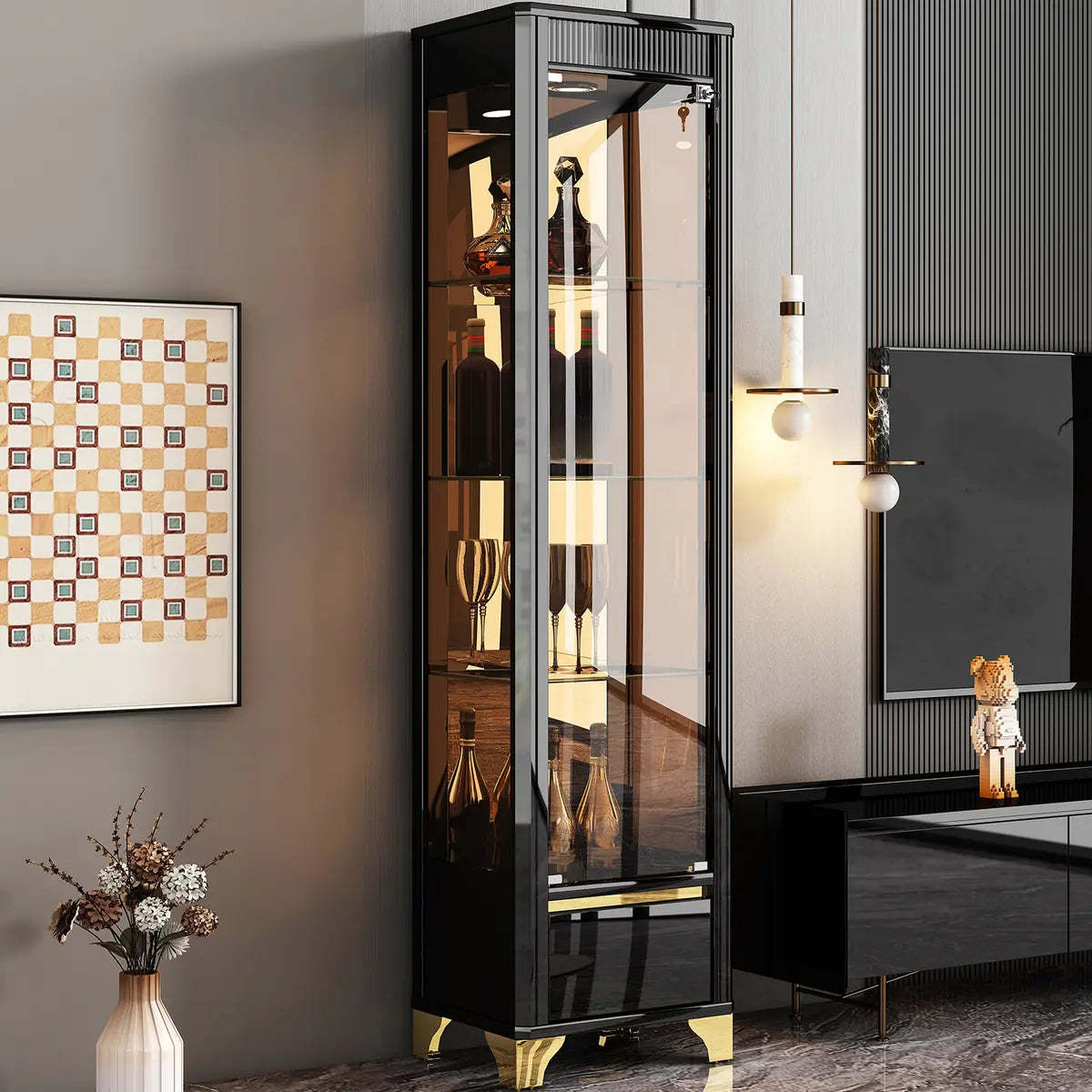 Black Rectangular Tall Glass Wine Display Cabinet — Black/ Clear