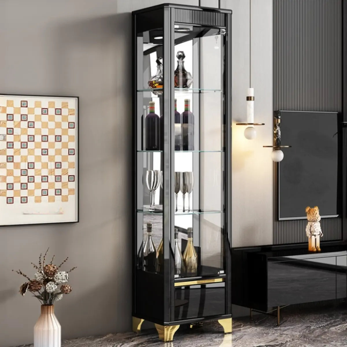Black Rectangular Tall Glass Wine Display Cabinet — Black/ Tan