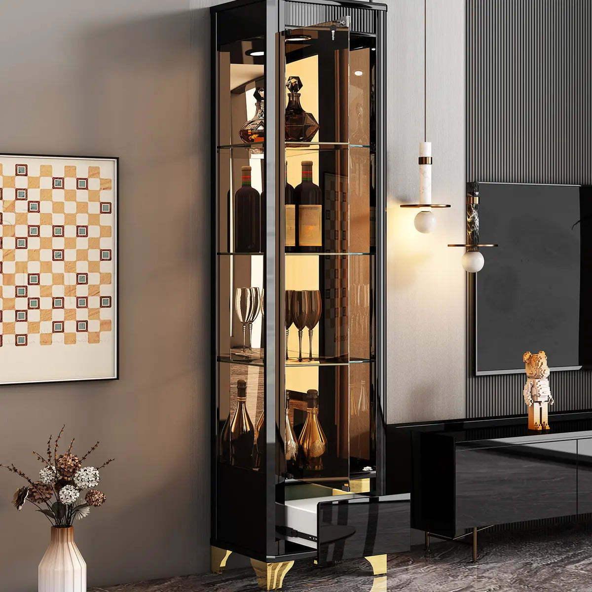 Black Rectangular Tall Glass Wine Display Cabinet — Black/ Gray