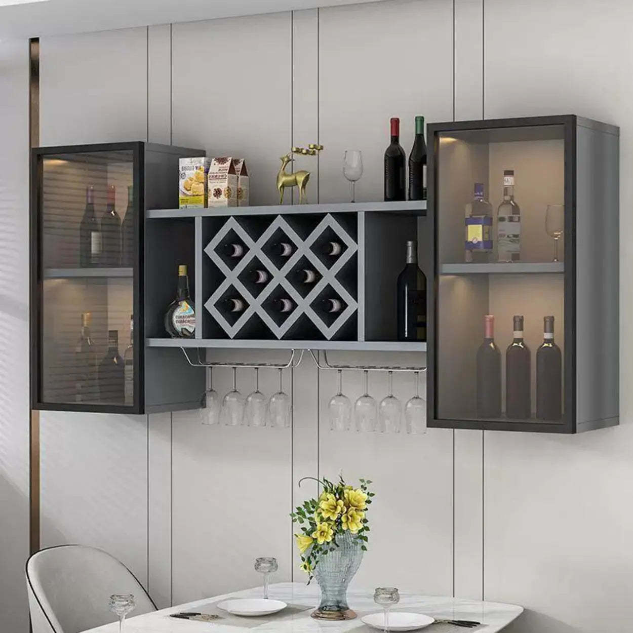 Black Rectangular Wood Wall-Mount Wine Rack — White