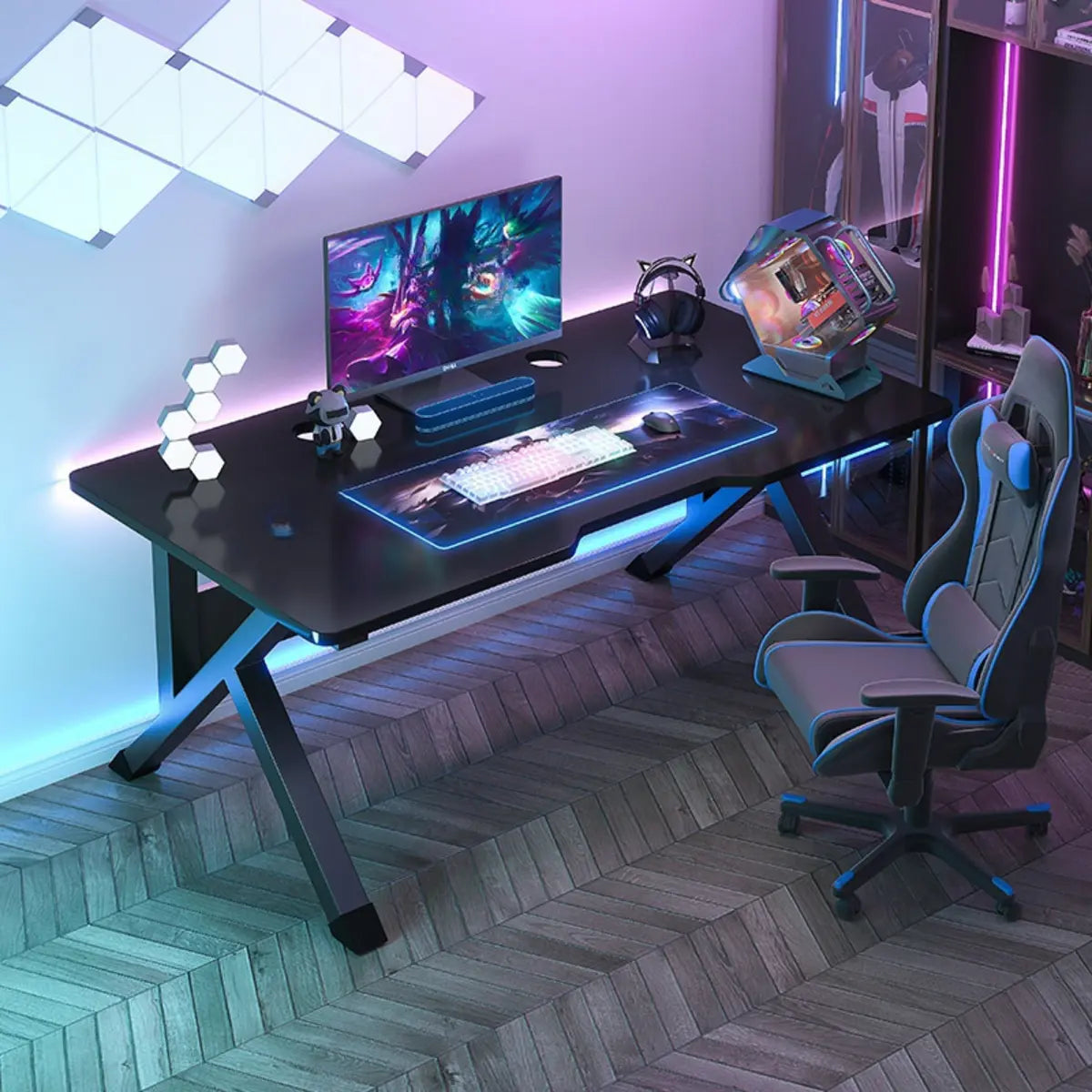 Black Wood Rectangular Trestle-Base Gaming Desk