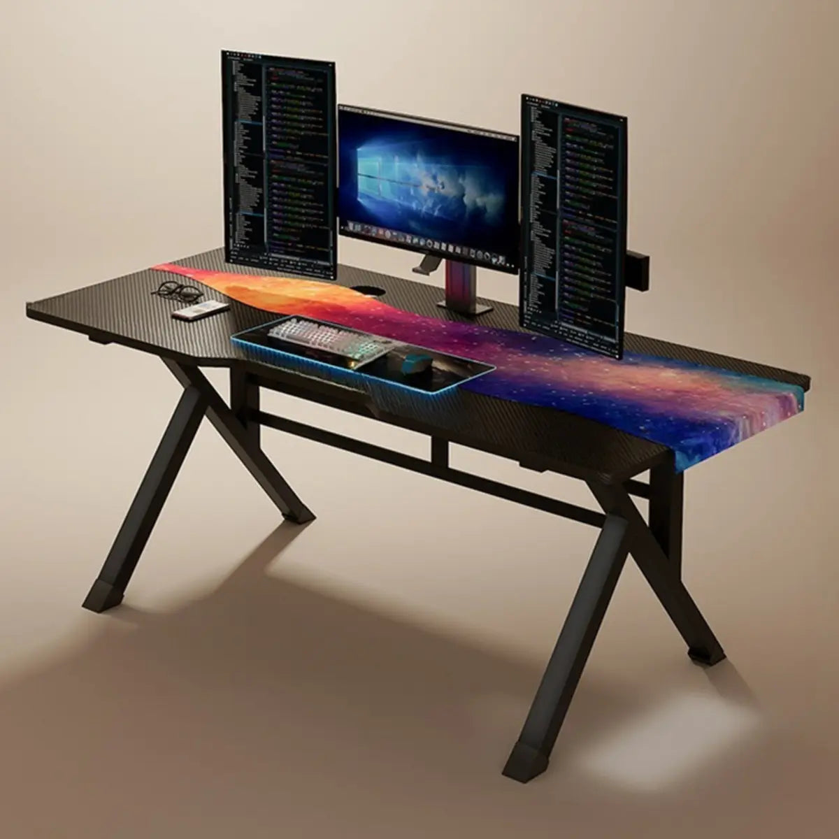 Black Wood Rectangular Trestle-Base Gaming Desk