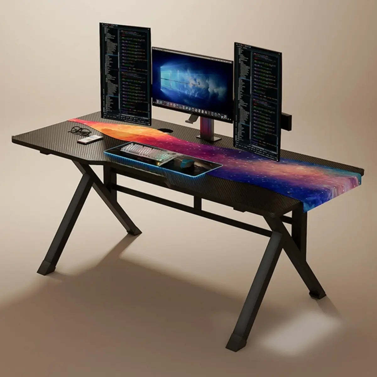 Black Wood Rectangular Trestle-Base Gaming Desk