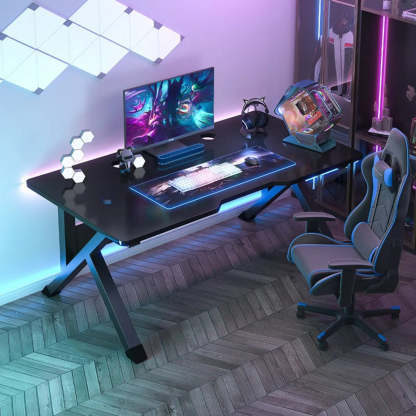 Black Wood Rectangular Trestle-Base Gaming Desk — Without Chairs / Black