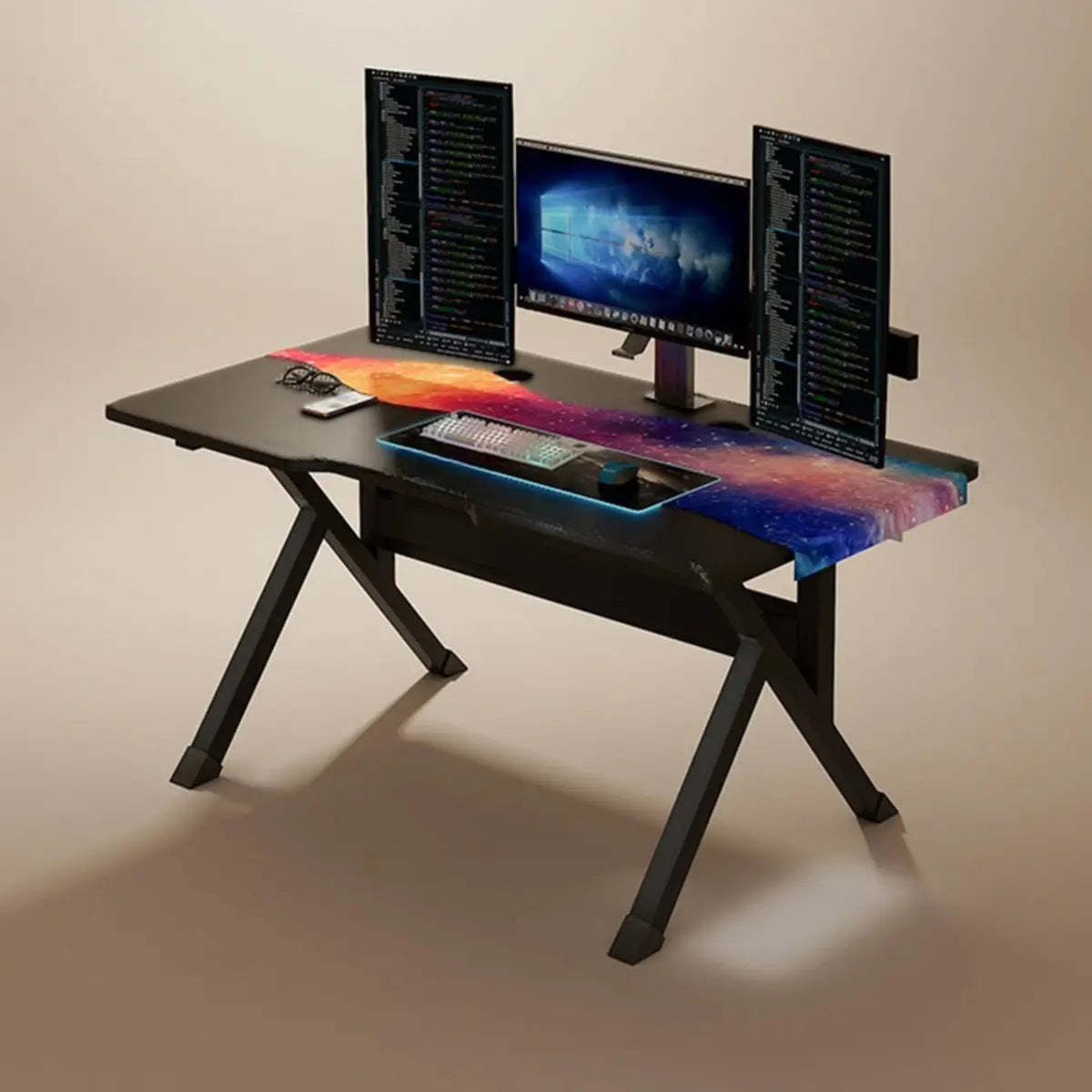 Modern trestle-base desk gaming desks in wood — 31.5"L x 23.6"W x 29.5"H / Black