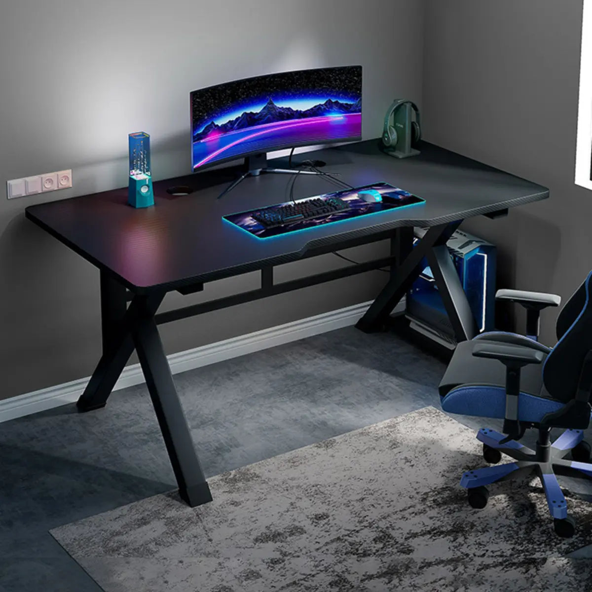 Black Wood Rectangular Trestle-Base Gaming Desk — Without Chairs / Gloss Black