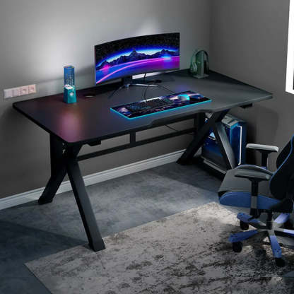 Black Wood Rectangular Trestle-Base Gaming Desk — Without Chairs / Gloss Black