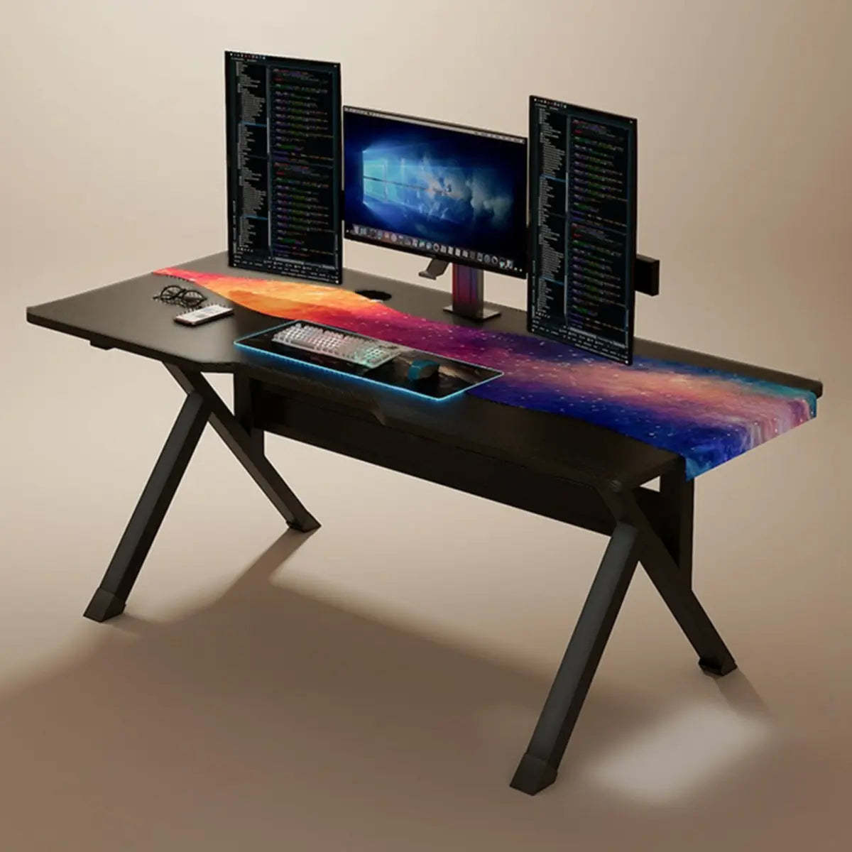 Black Wood Rectangular Trestle-Base Gaming Desk — Without Chairs / Gloss Black