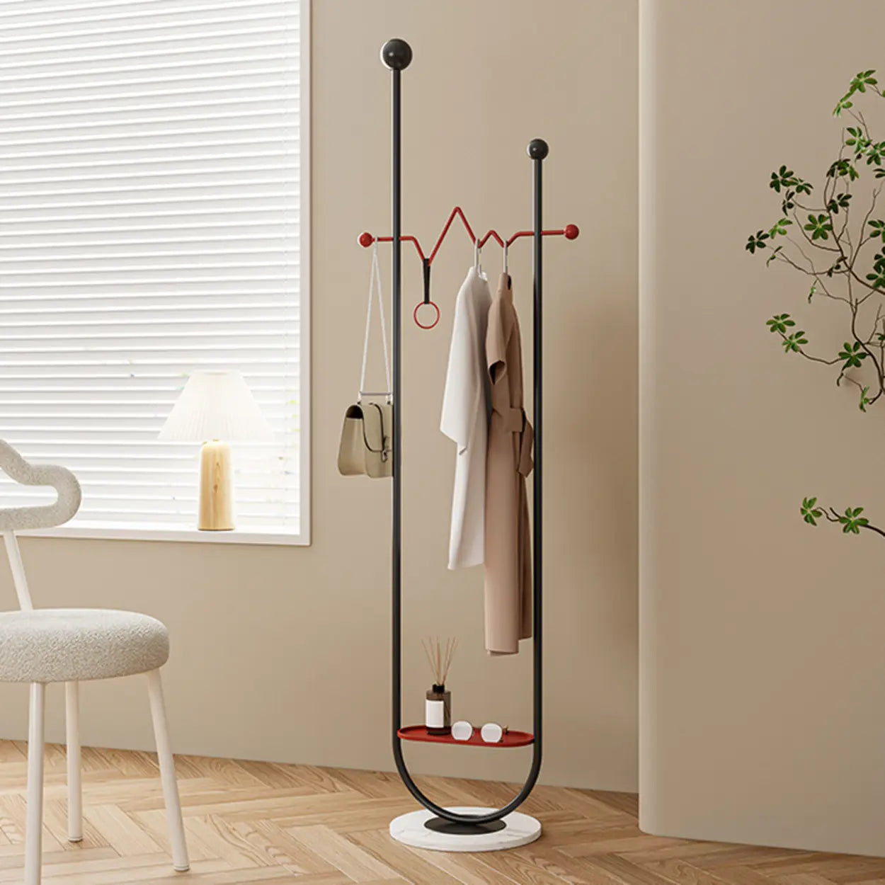 Black-Red Metal Loop Shelf Coat Stand