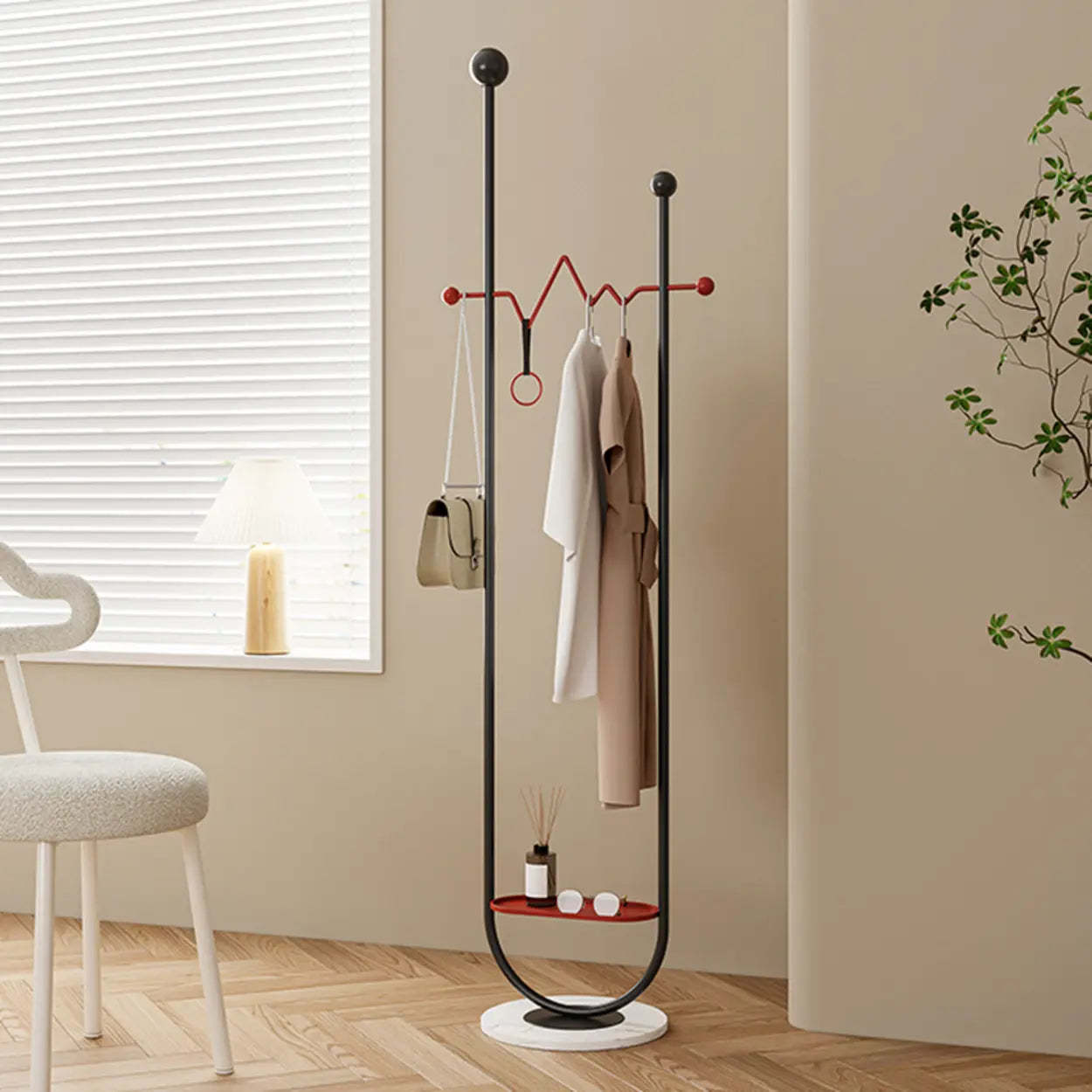 Black-Red Metal Loop Shelf Coat Stand — Black-Red