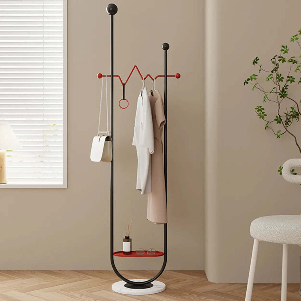 Black-Red Metal Loop Shelf Coat Stand