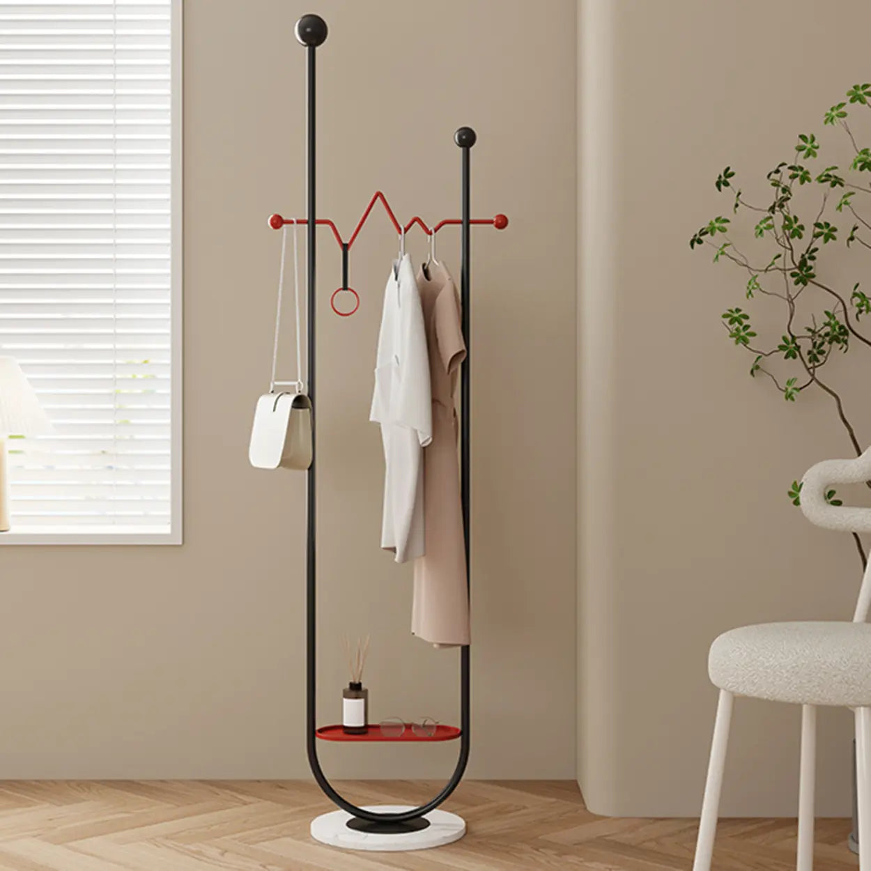 Black-Red Metal Loop Shelf Coat Stand