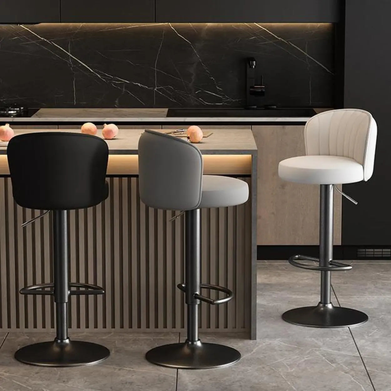 Black Round Leather Bar Stool with Metal Frame — Black / Black