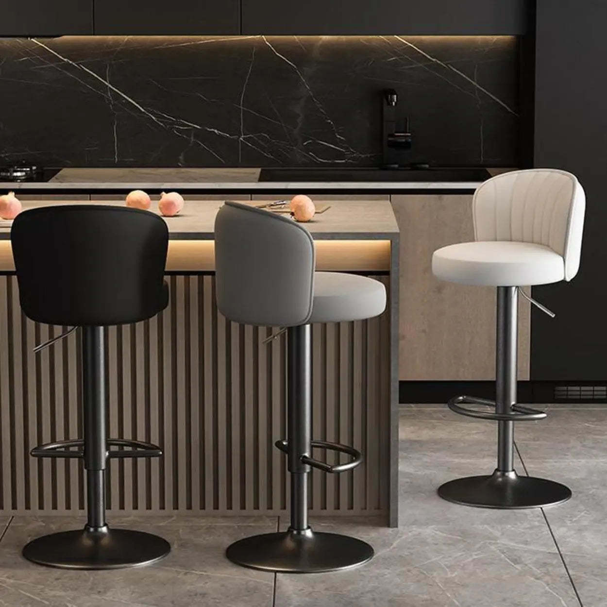 Black Round Leather Bar Stool with Metal Frame — Black / Black