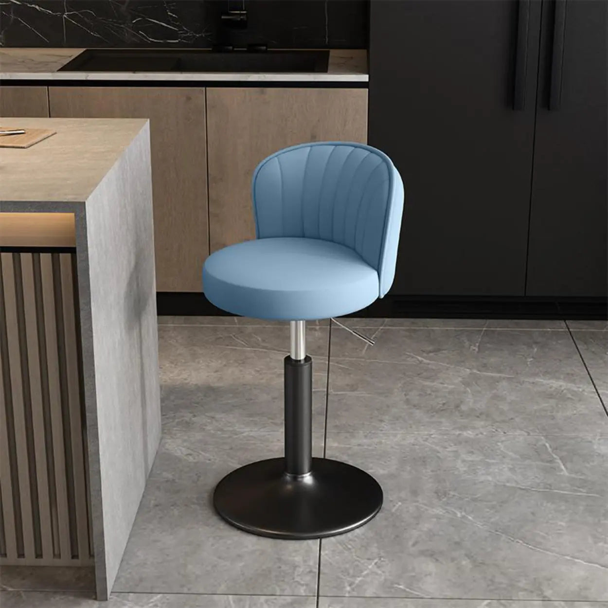 Black Round Leather Bar Stool with Metal Frame — Off-White / Gold