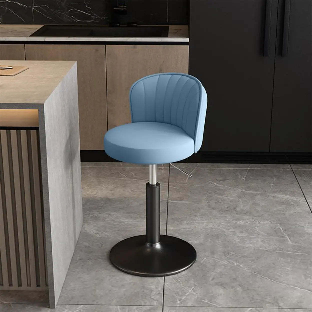 Black Round Leather Bar Stool with Metal Frame — Off-White / Gold