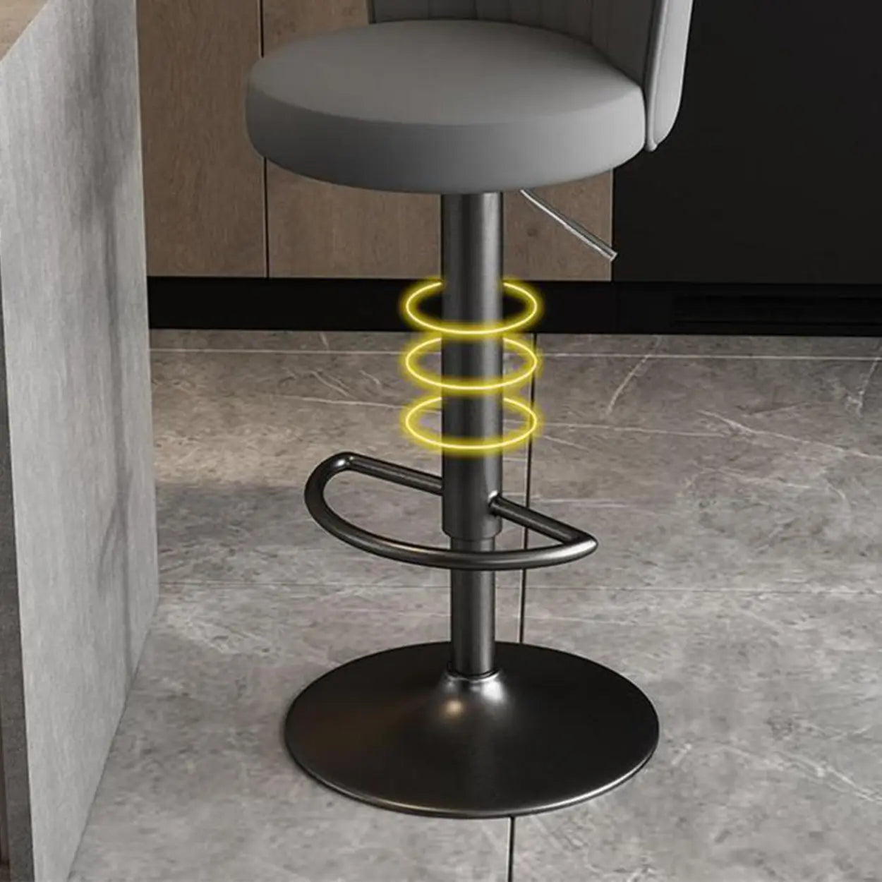 Black Round Leather Bar Stool with Metal Frame — Off-White / Silver