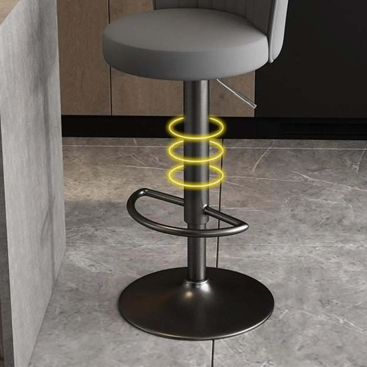 Black Round Leather Bar Stool with Metal Frame — Off-White / Silver