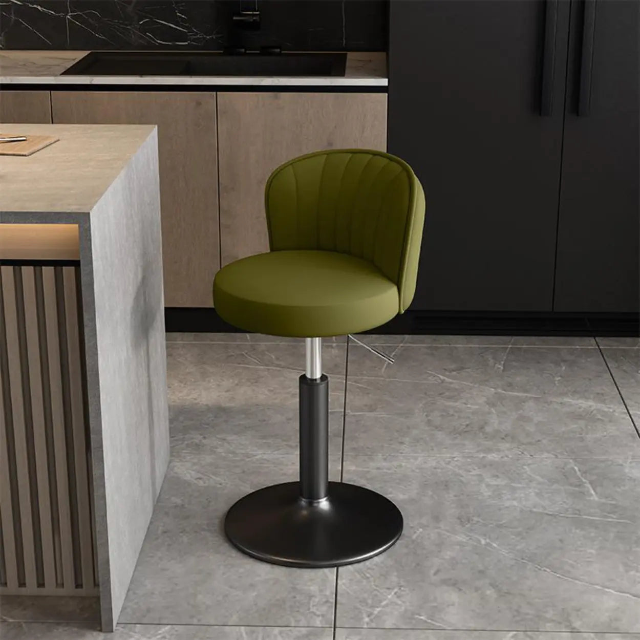 Black Round Leather Bar Stool with Metal Frame — Off-White / Silver
