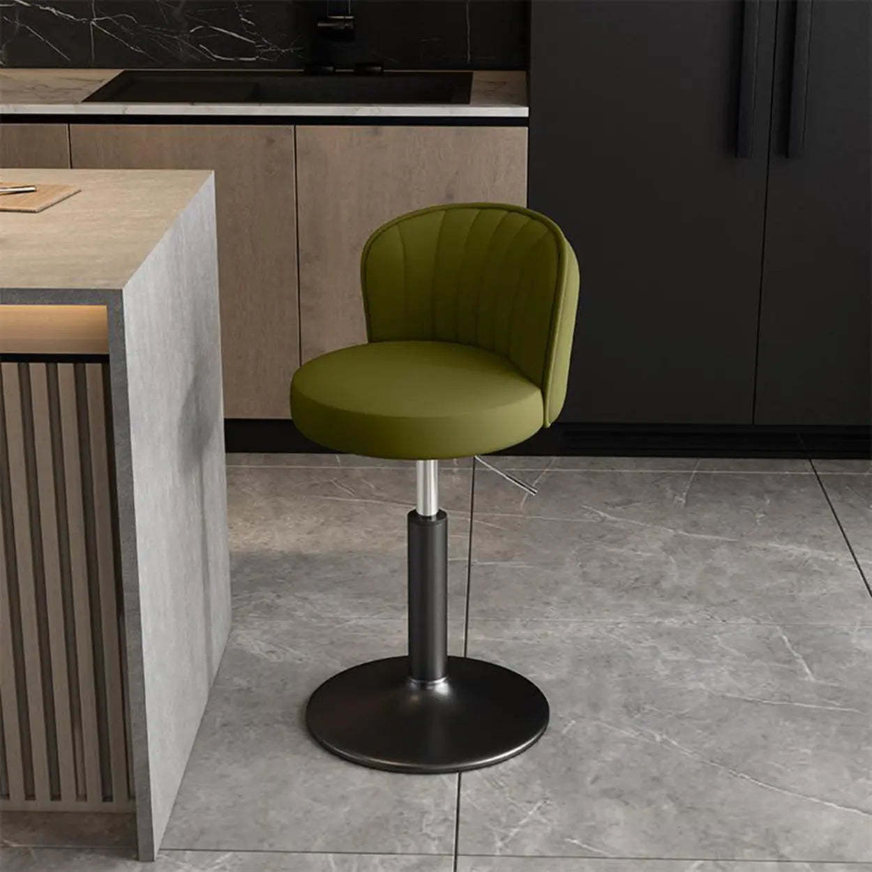 Black Round Leather Bar Stool with Metal Frame — Off-White / Silver