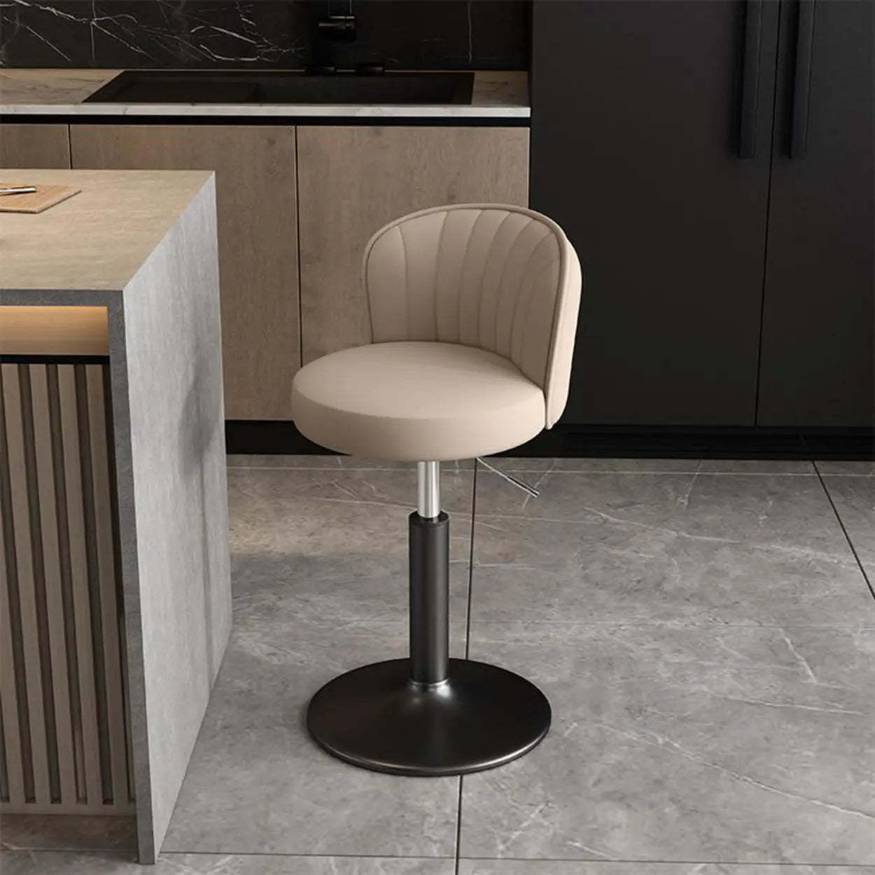 Black Round Leather Bar Stool with Metal Frame — Light Brown / Black