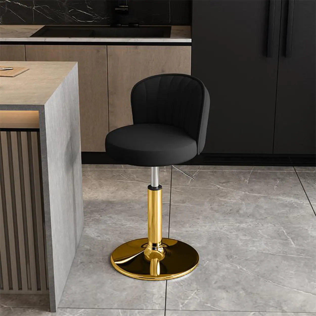 Black Round Leather Bar Stool with Metal Frame — Light Brown / Silver