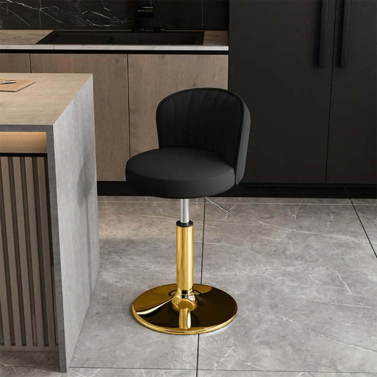 Black Round Leather Bar Stool with Metal Frame — Light Brown / Silver