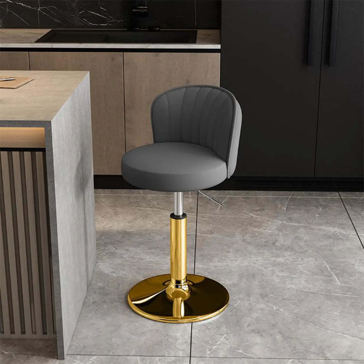 Black Round Leather Bar Stool with Metal Frame — Light Brown / Silver