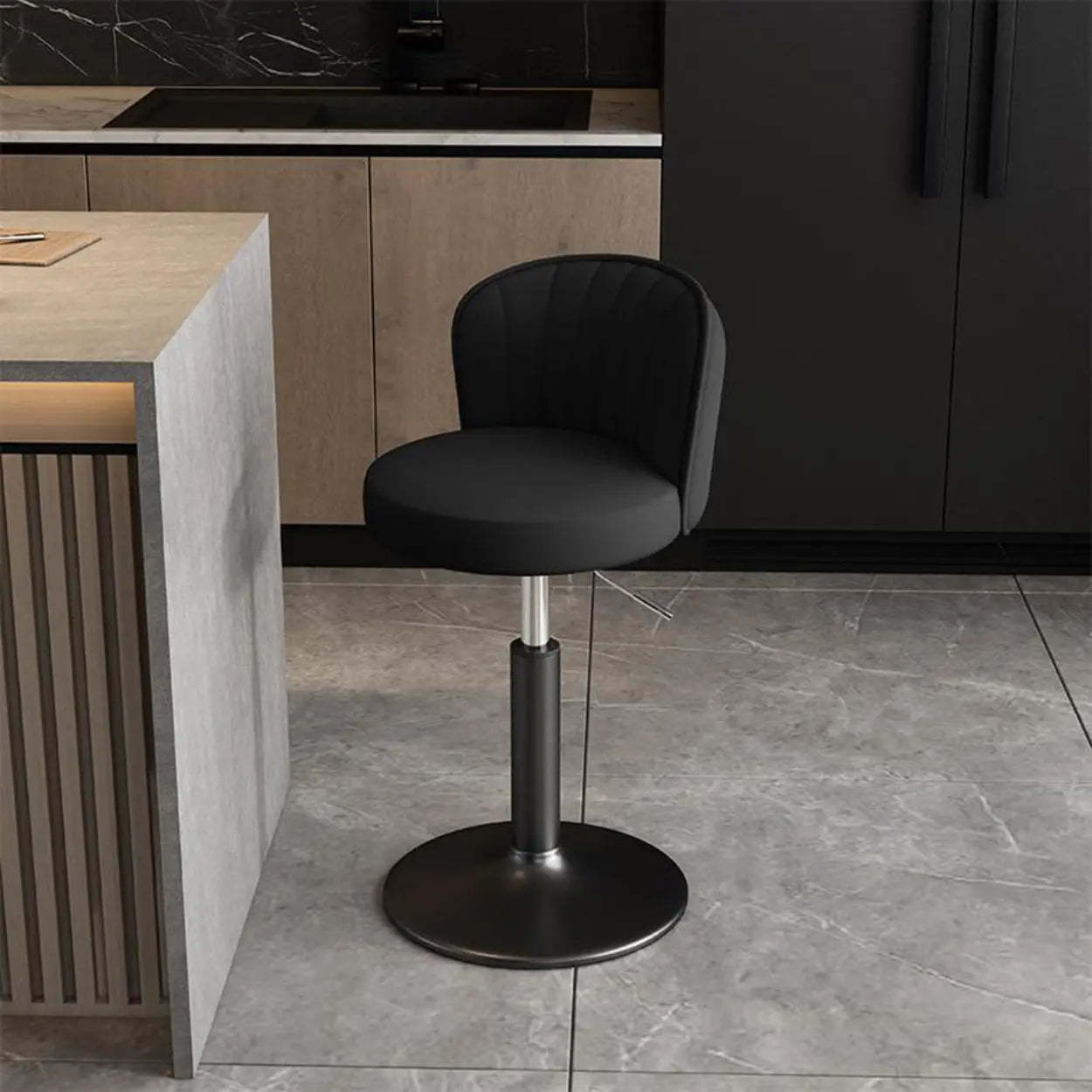 Leather round frame gray bar & counter stools — 20" H x 16" Dia x 16" L / Black / Black
