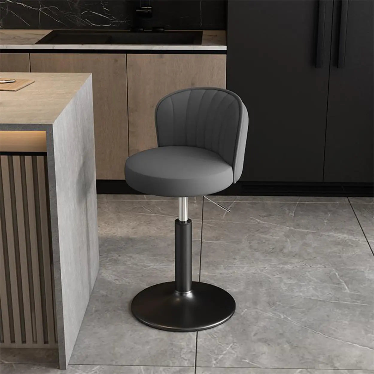 Black Round Leather Bar Stool with Metal Frame — Black / Gold