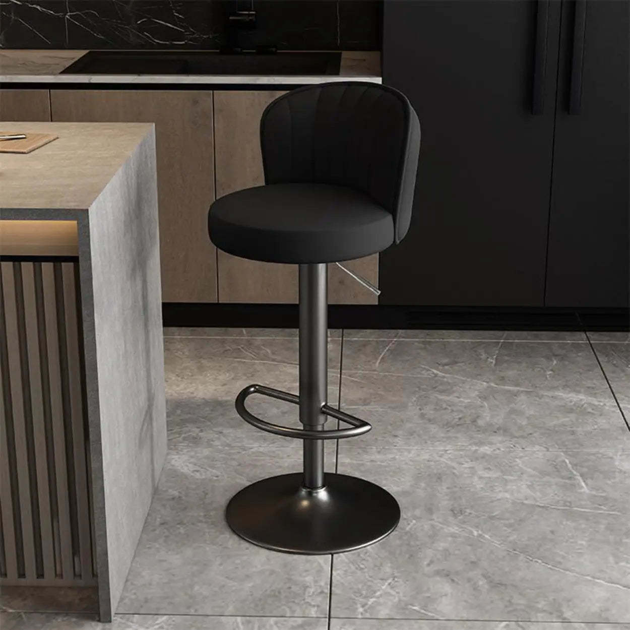 Black Round Leather Bar Stool with Metal Frame — Orange / Gold