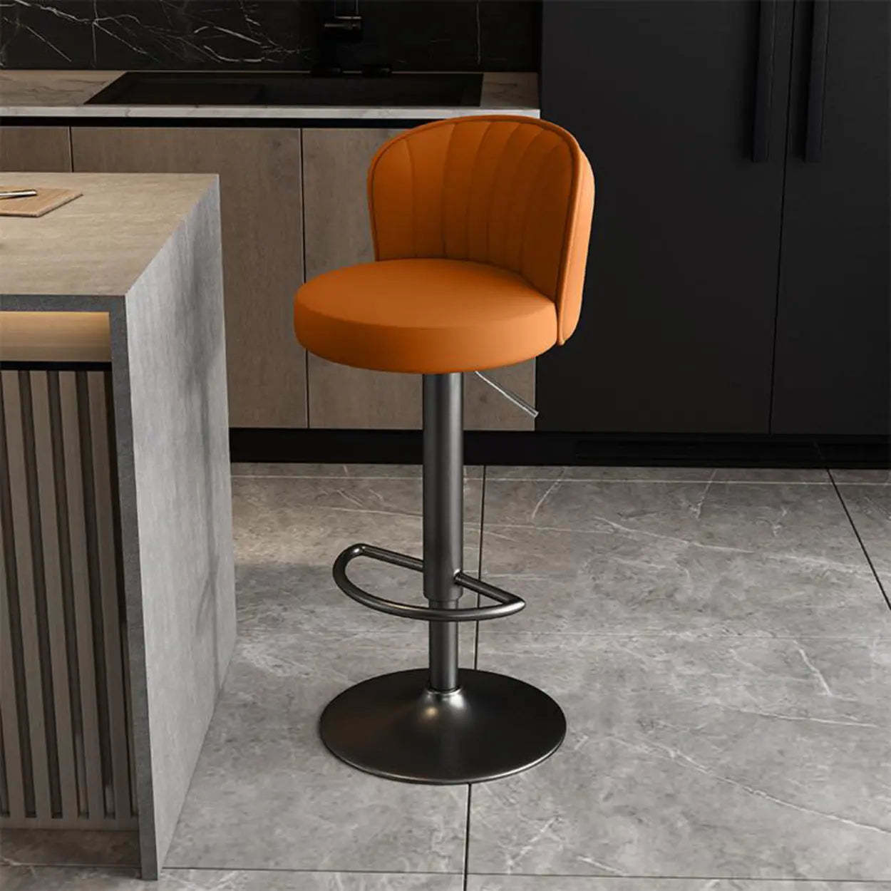 Black Round Leather Bar Stool with Metal Frame — Dark Gray / Black
